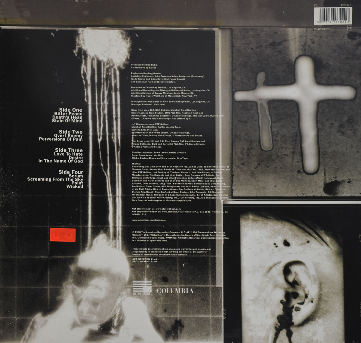 Back cover of Slayer's 'Diabolus in Musica' album featuring dark, distorted imagery: a blurred face in agony, abstract symbols, and unsettling medical-style visuals.